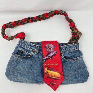 Handmade Blue Jean Pant Shoulder Purse Bag w/ Red Chevy Corvette Tie Unique Fun